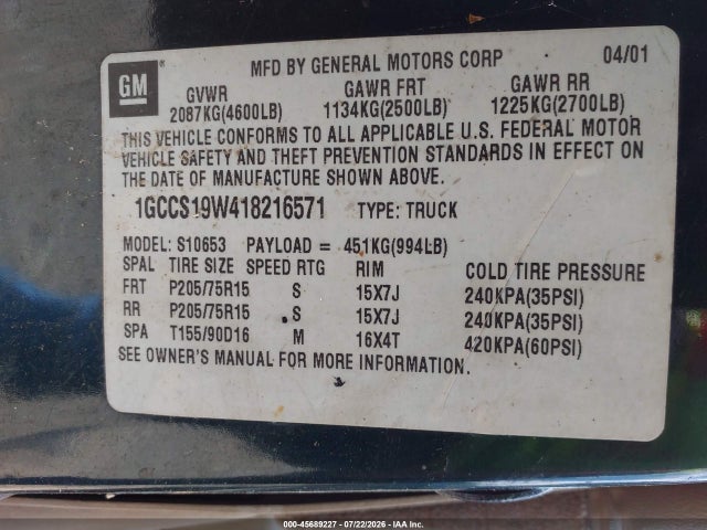 2001 Chevrolet S-10 Ls მანქანა იყიდება აუქციონზე, vin: 1GCCS19W418216571, აუქციონის ნომერი: 45689227