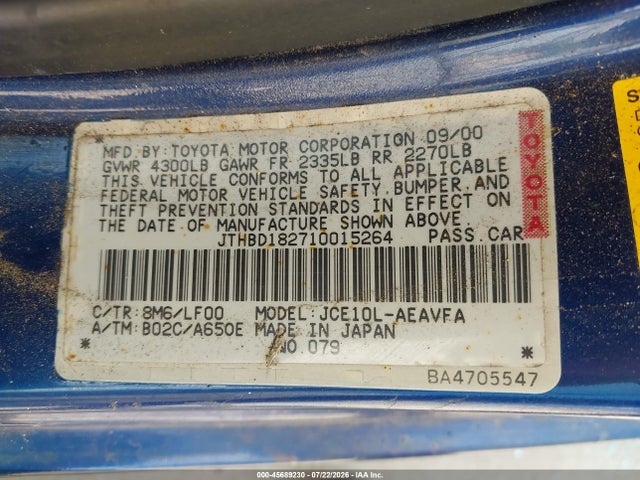 Aukcja sprzedaży 2001 Lexus Is 300, vin: JTHBD182710015264, numer aukcji: 45689230