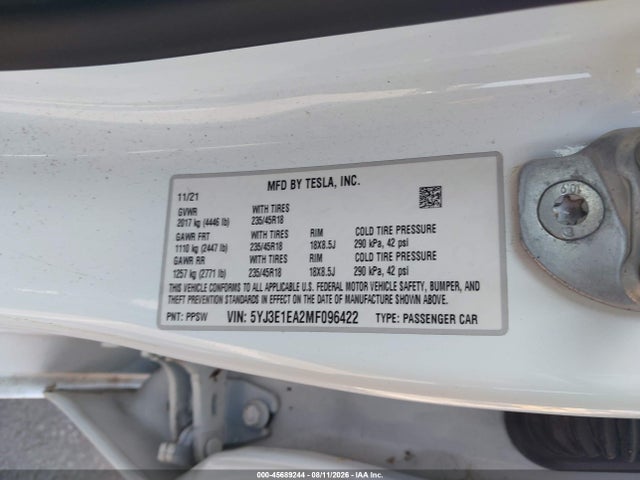 45689244 :رقم المزاد ، 5YJ3E1EA2MF096422 vin ، 2021 Tesla Model 3 Standard Range Plus Rear-wheel Drive مزاد بيع