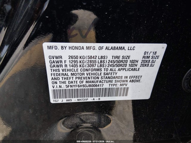 Honda Pilot Touring 2018 5FNYF6H93JB006417 Image 9