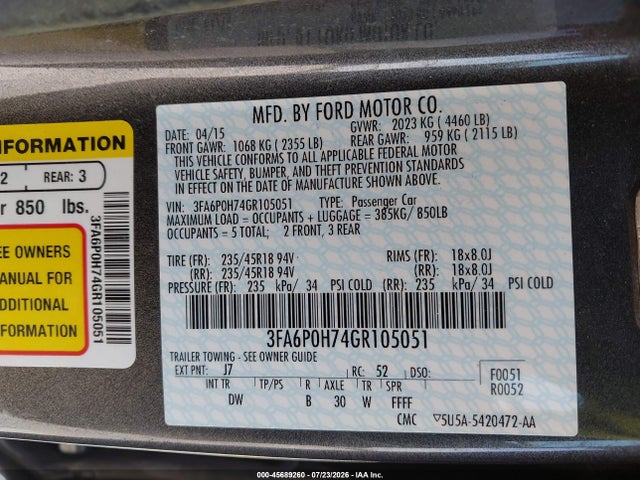 Ford FUSION SE 2016 3FA6P0H74GR105051 Image 9