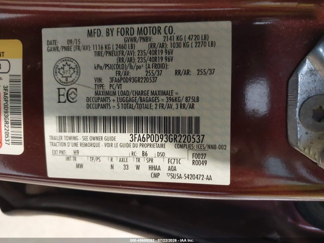 Ford Fusion Titanium 2016 3FA6P0D93GR220537 Image 9