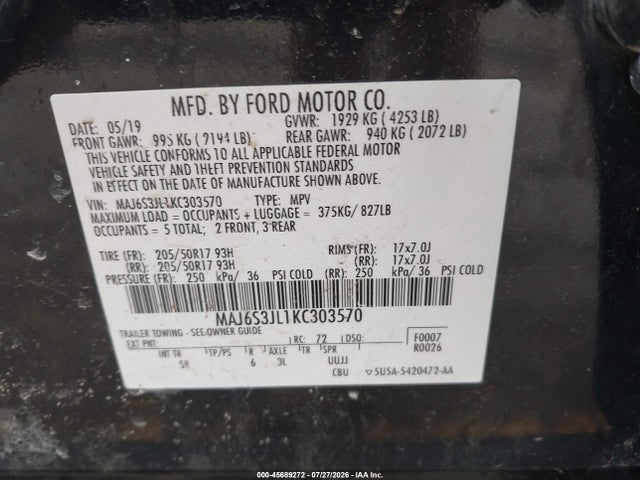 2019 Ford Ecosport Ses მანქანა იყიდება აუქციონზე, vin: MAJ6S3JL1KC303570, აუქციონის ნომერი: 45689272