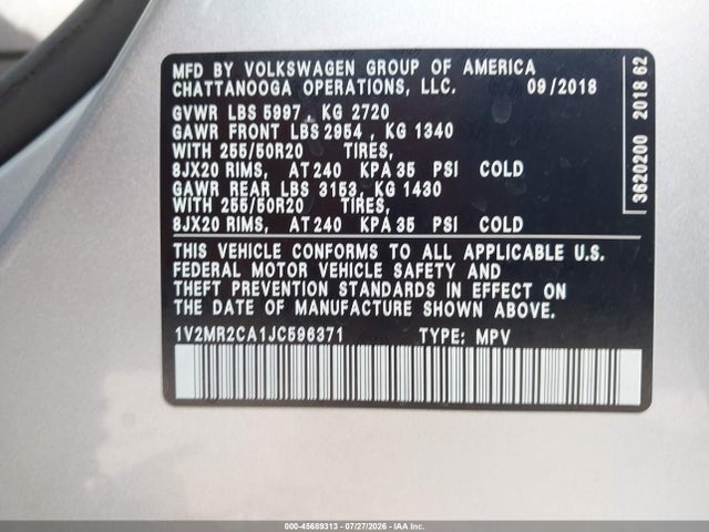 Продажа на аукционе авто 2018 Volkswagen Atlas 3.6l V6 Sel, vin: 1V2MR2CA1JC596371, номер лота: 45689313