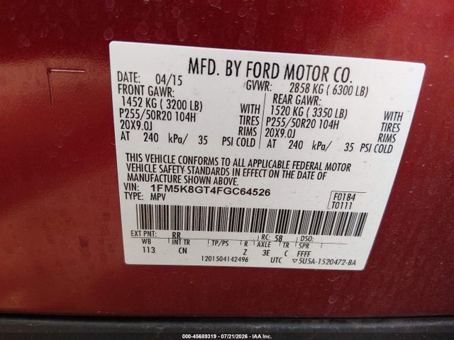 1FM5K8GT4FGC64526 Ford EXPLORER SPORT