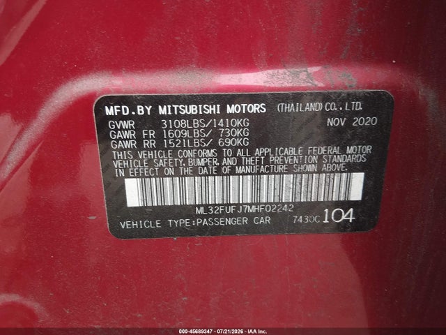 Auction sale of the 2021 Mitsubishi Mirage G4 Carbonite Edition/es/le, vin: ML32FUFJ7MHF02242, lot number: 45689347