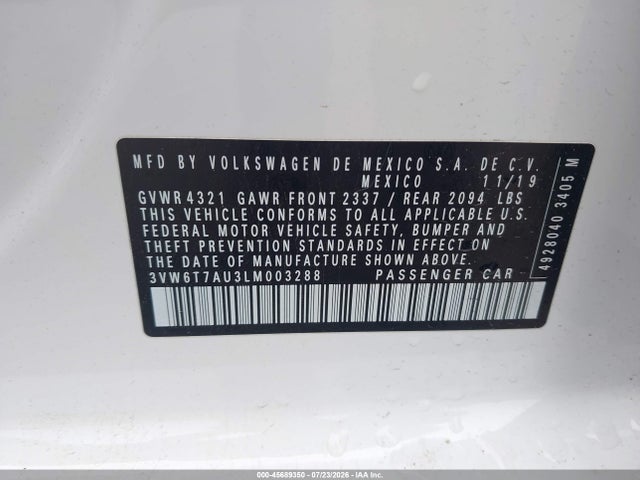 Продаж на аукціоні авто 2020 Volkswagen Golf Gti, vin: 3VW6T7AU3LM003288, номер лоту: 45689350