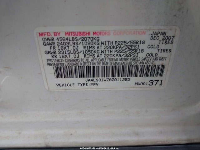 45689356 :رقم المزاد ، JA4LS31W78Z011252 vin ، 2008 Mitsubishi Outlander Se مزاد بيع