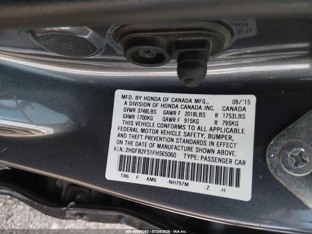 Aukcja sprzedaży 2015 Honda Civic Lx, vin: 2HGFB2F51FH565060, numer aukcji: 45689362