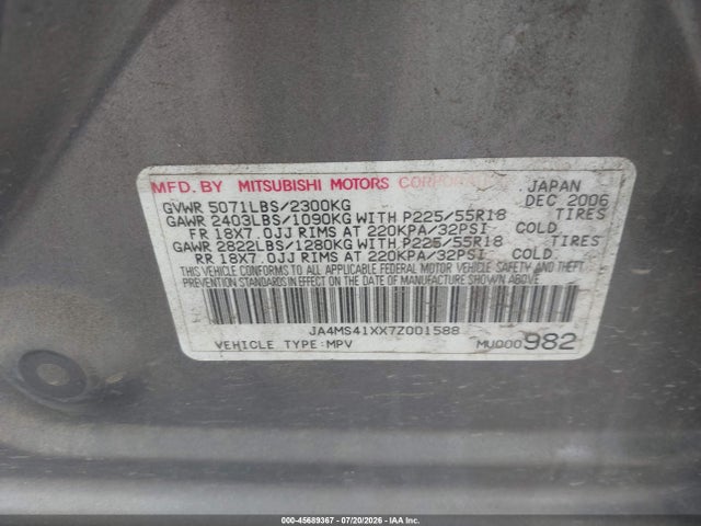 2007 Mitsubishi Outlander Xls მანქანა იყიდება აუქციონზე, vin: JA4MS41XX7Z001588, აუქციონის ნომერი: 45689367