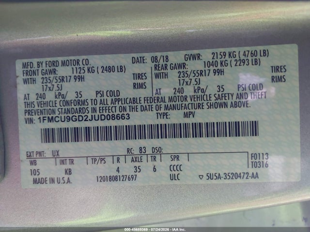 Ford ESCAPE SE 2018 1FMCU9GD2JUD08663 Image 9