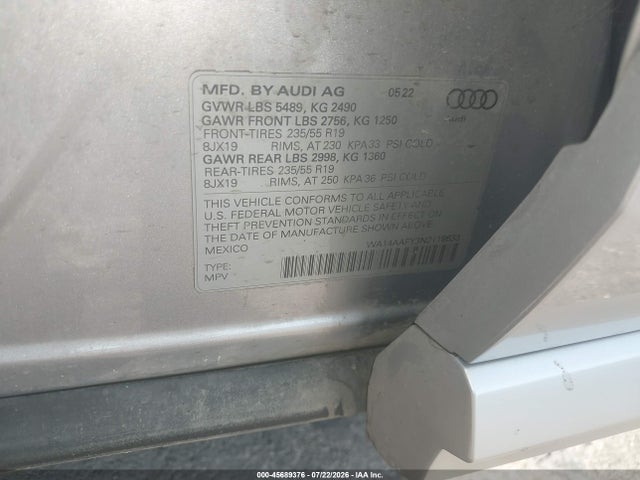 Auction sale of the 2022 Audi Q5 Sportback Premium 45 Tfsi S Line Quattro S Tronic, vin: WA14AAFY3N2118633, lot number: 45689376