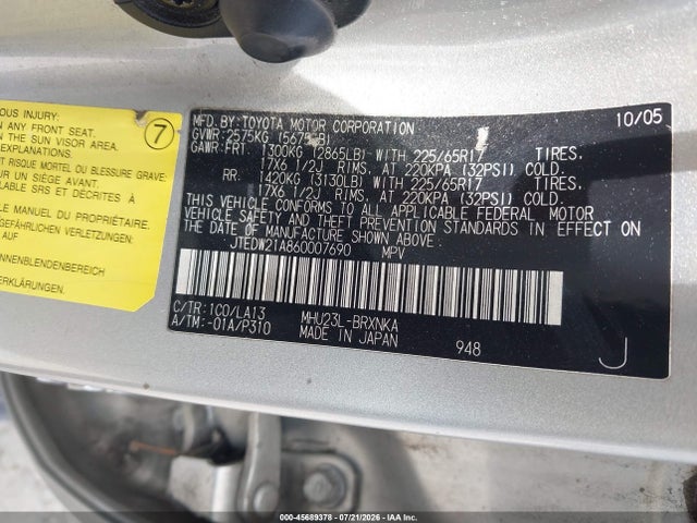 Aukcja sprzedaży 2006 Toyota Highlander Hybrid Limited V6, vin: JTEDW21A860007690, numer aukcji: 45689378