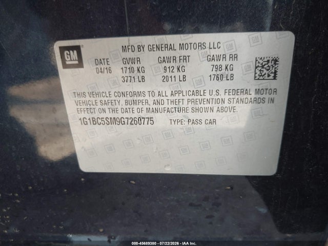 Aukcja sprzedaży 2016 Chevrolet Cruze Ls Auto, vin: 1G1BC5SM9G7260775, numer aukcji: 45689380