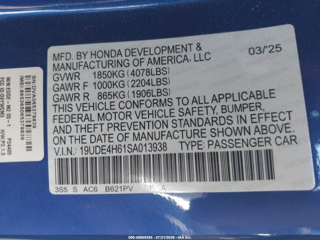 Продажа на аукционе авто 2025 Acura Integra A-spec Technology, vin: 19UDE4H61SA013938, номер лота: 45689395