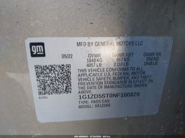 1G1ZD5ST0NF160828 Chevrolet Malibu Fwd Lt