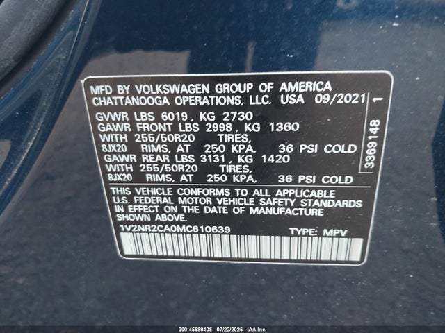 2021 Volkswagen Atlas 3.6l V6 Se W/technology R-line მანქანა იყიდება აუქციონზე, vin: 1V2NR2CA0MC610639, აუქციონის ნომერი: 45689405