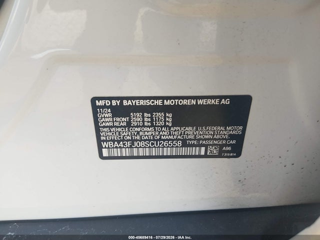 Aukcja sprzedaży 2025 Bmw 530i, vin: WBA43FJ08SCU26558, numer aukcji: 45689416