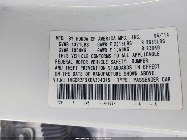 1HGCR2F5XEA234375 Honda Accord Sport