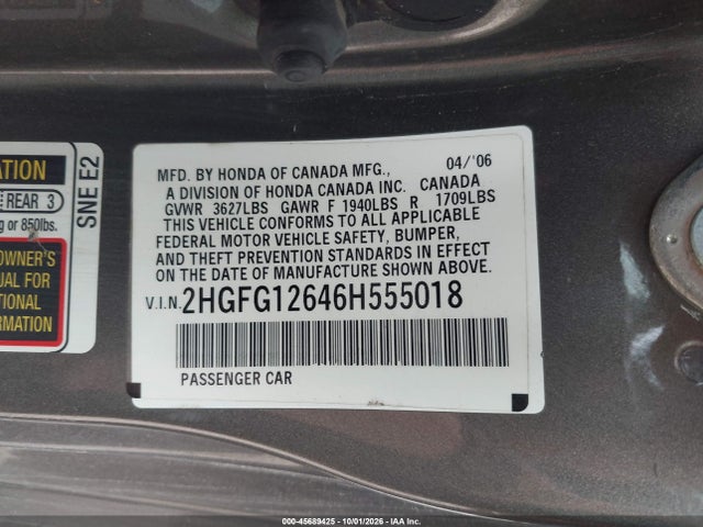 Продаж на аукціоні авто 2006 Honda Civic Lx, vin: 2HGFG12646H555018, номер лоту: 45689425