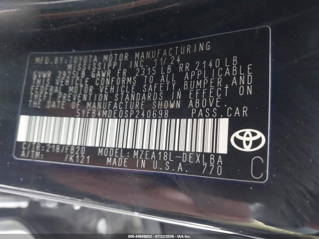 2025 Toyota Corolla Le მანქანა იყიდება აუქციონზე, vin: 5YFB4MDE0SP240698, აუქციონის ნომერი: 45689432