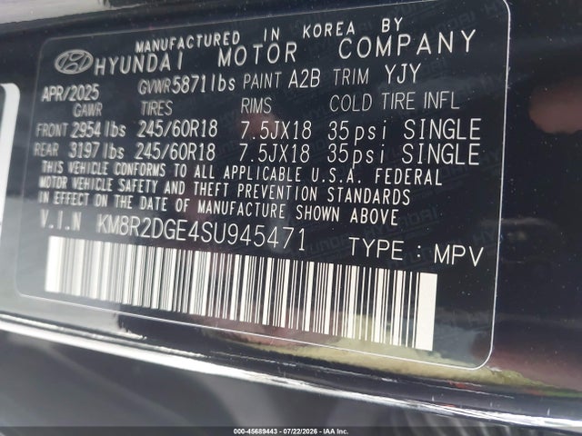 Продажа на аукционе авто 2025 Hyundai Palisade Sel, vin: KM8R2DGE4SU945471, номер лота: 45689443