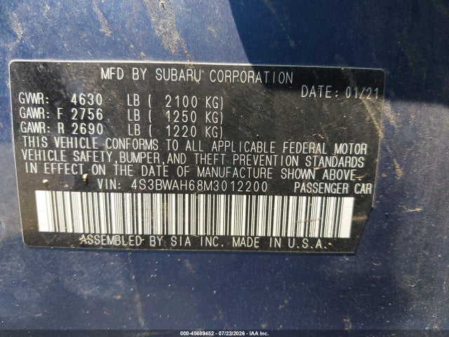 Продаж на аукціоні авто 2021 Subaru Legacy Sport, vin: 4S3BWAH68M3012200, номер лоту: 45689452