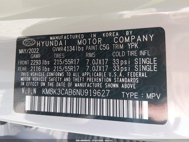 Aukcja sprzedaży 2022 Hyundai Kona Sel, vin: KM8K3CAB6NU919627, numer aukcji: 45689453