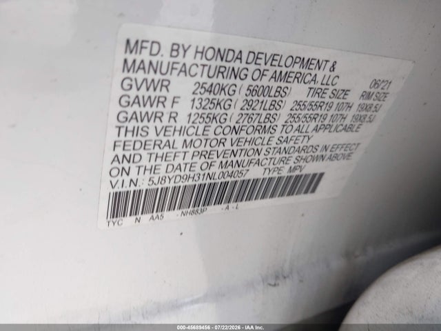 5J8YD9H31NL004057 Acura Mdx Standard
