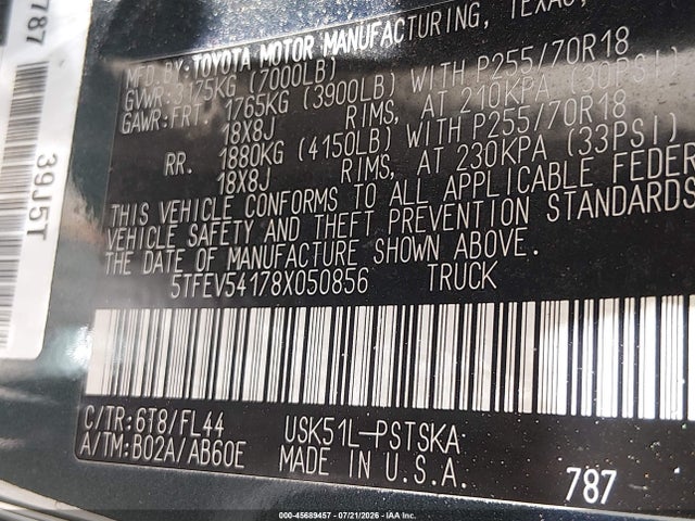 2008 Toyota Tundra Sr5 5.7l V8 მანქანა იყიდება აუქციონზე, vin: 5TFEV54178X050856, აუქციონის ნომერი: 45689457