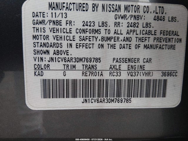 2013 Infiniti G37x მანქანა იყიდება აუქციონზე, vin: JN1CV6AR3DM769785, აუქციონის ნომერი: 45689458
