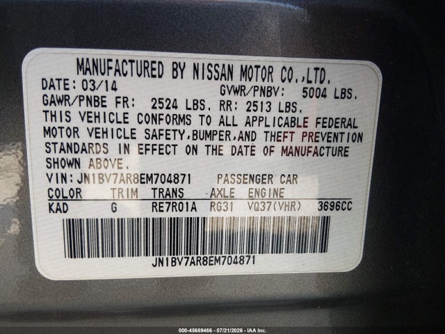 Aukcja sprzedaży 2014 Infiniti Q50 Sport, vin: JN1BV7AR8EM704871, numer aukcji: 45689466