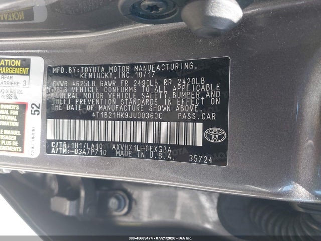Продаж на аукціоні авто 2018 Toyota Camry Hybrid Xle, vin: 4T1B21HK9JU003600, номер лоту: 45689474