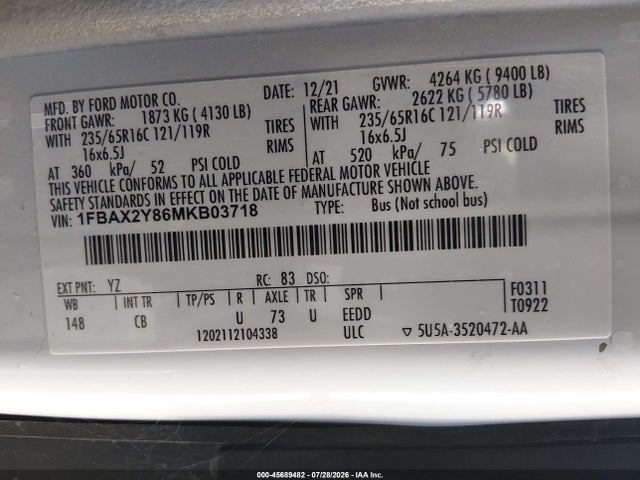 Ford Transit-350 Passenger Van Xl 2021 1FBAX2Y86MKB03718 Image 9