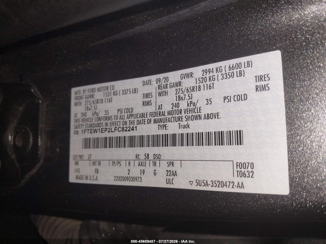 45689487 :رقم المزاد ، 1FTEW1EP2LFC82241 vin ، 2020 Ford F-150 Xlt مزاد بيع