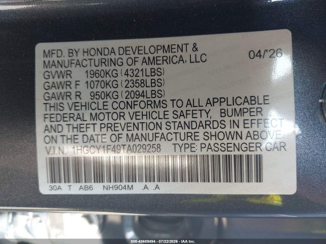 1HGCY1F49TA029258 Honda ACCORD SE