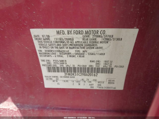 Продажа на аукционе авто 2009 Ford Flex Se, vin: 2FMDK51C29BA20162, номер лота: 45689524