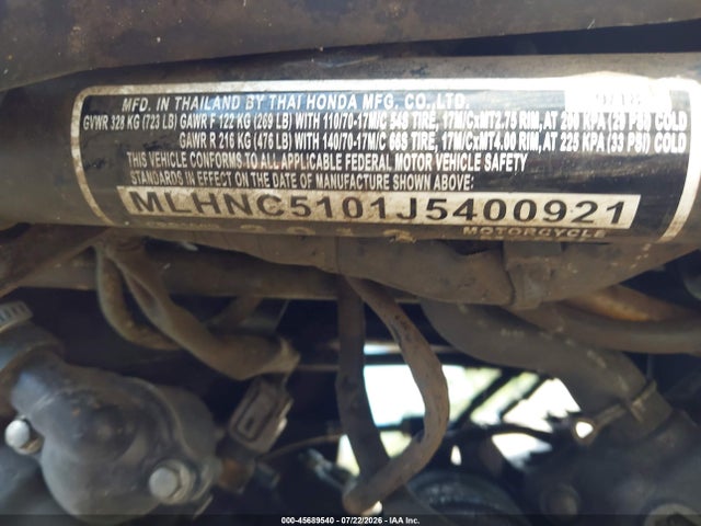45689540 :رقم المزاد ، MLHNC5101J5400921 vin ، 2018 Honda Cbr300 R مزاد بيع