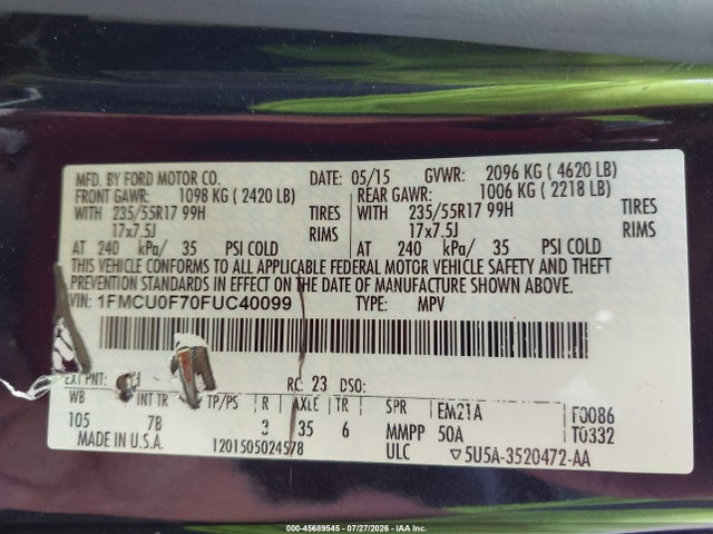 1FMCU0F70FUC40099 Ford ESCAPE S