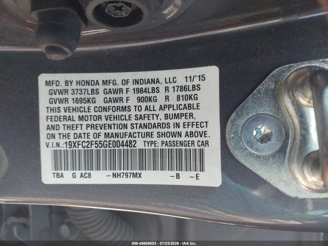 Продаж на аукціоні авто 2016 Honda Civic Lx, vin: 19XFC2F55GE004482, номер лоту: 45689553