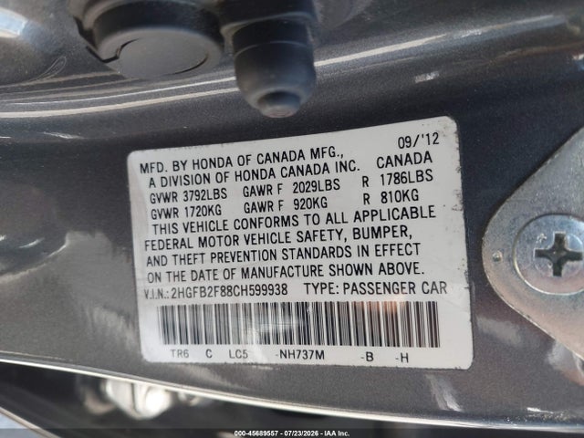 Продаж на аукціоні авто 2012 Honda Civic Ex, vin: 2HGFB2F88CH599938, номер лоту: 45689557