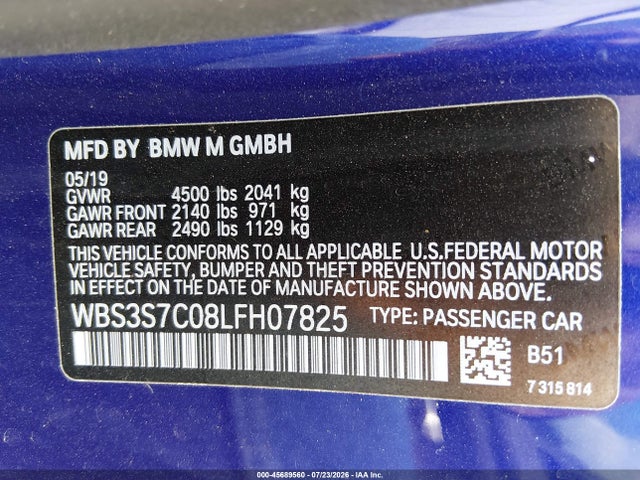 Продажа на аукционе авто 2020 Bmw M4 Cs, vin: WBS3S7C08LFH07825, номер лота: 45689560