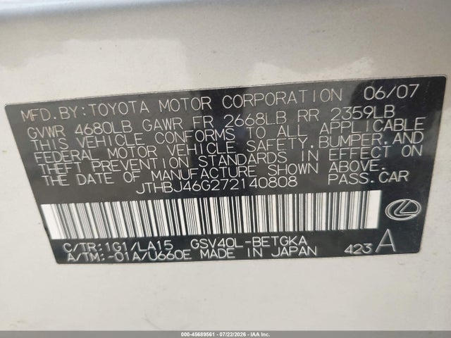 45689561 :رقم المزاد ، JTHBJ46G272140808 vin ، 2007 Lexus Es 350 مزاد بيع
