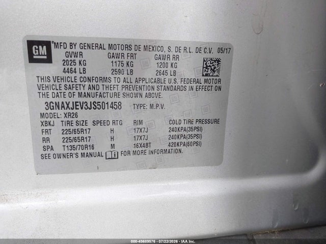 Aukcja sprzedaży 2018 Chevrolet Equinox Lt, vin: 3GNAXJEV3JS501458, numer aukcji: 45689576