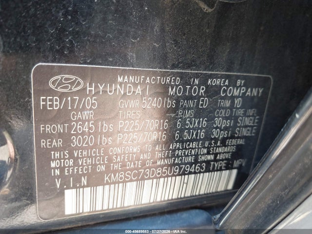 Aukcja sprzedaży 2005 Hyundai Santa Fe Gls, vin: KM8SC73D85U979463, numer aukcji: 45689583