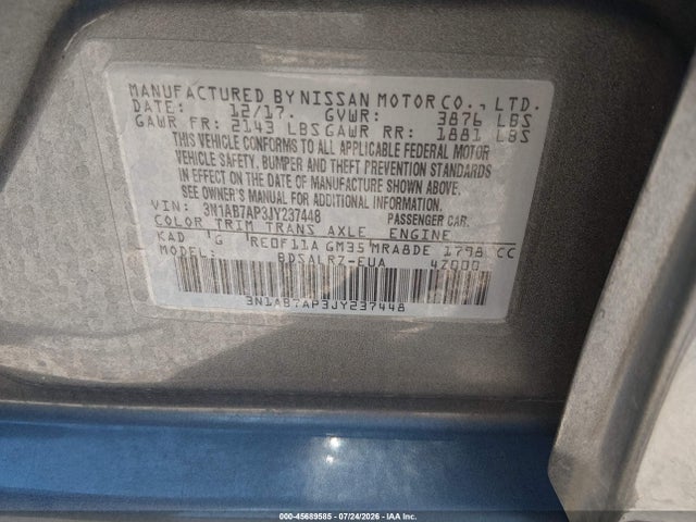 Продаж на аукціоні авто 2018 Nissan Sentra Sr, vin: 3N1AB7AP3JY237448, номер лоту: 45689585