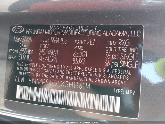2025 Hyundai Santa Fe Calligraphy მანქანა იყიდება აუქციონზე, vin: 5NMP54GLXSH136114, აუქციონის ნომერი: 45689591