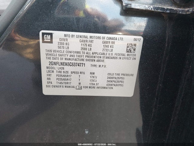 2012 Chevrolet Equinox Lt W/2lt მანქანა იყიდება აუქციონზე, vin: 2GNFLNEK6C6374771, აუქციონის ნომერი: 45689592