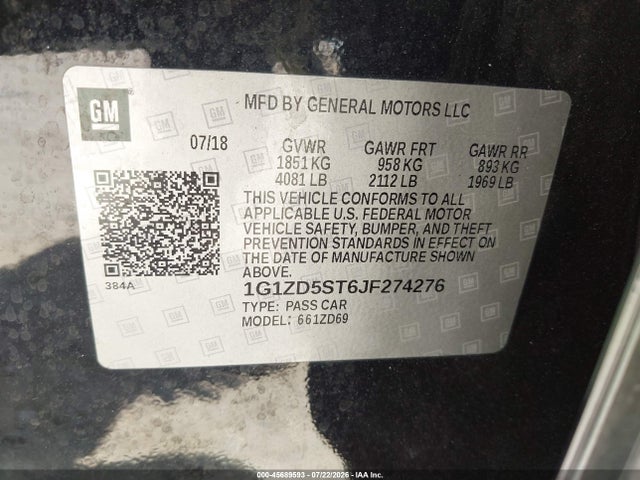 2018 Chevrolet Malibu Lt მანქანა იყიდება აუქციონზე, vin: 1G1ZD5ST6JF274276, აუქციონის ნომერი: 45689593