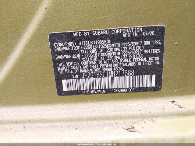 45689595 :رقم المزاد ، JF2GTHSC1MH217688 vin ، 2021 Subaru Crosstrek Sport مزاد بيع